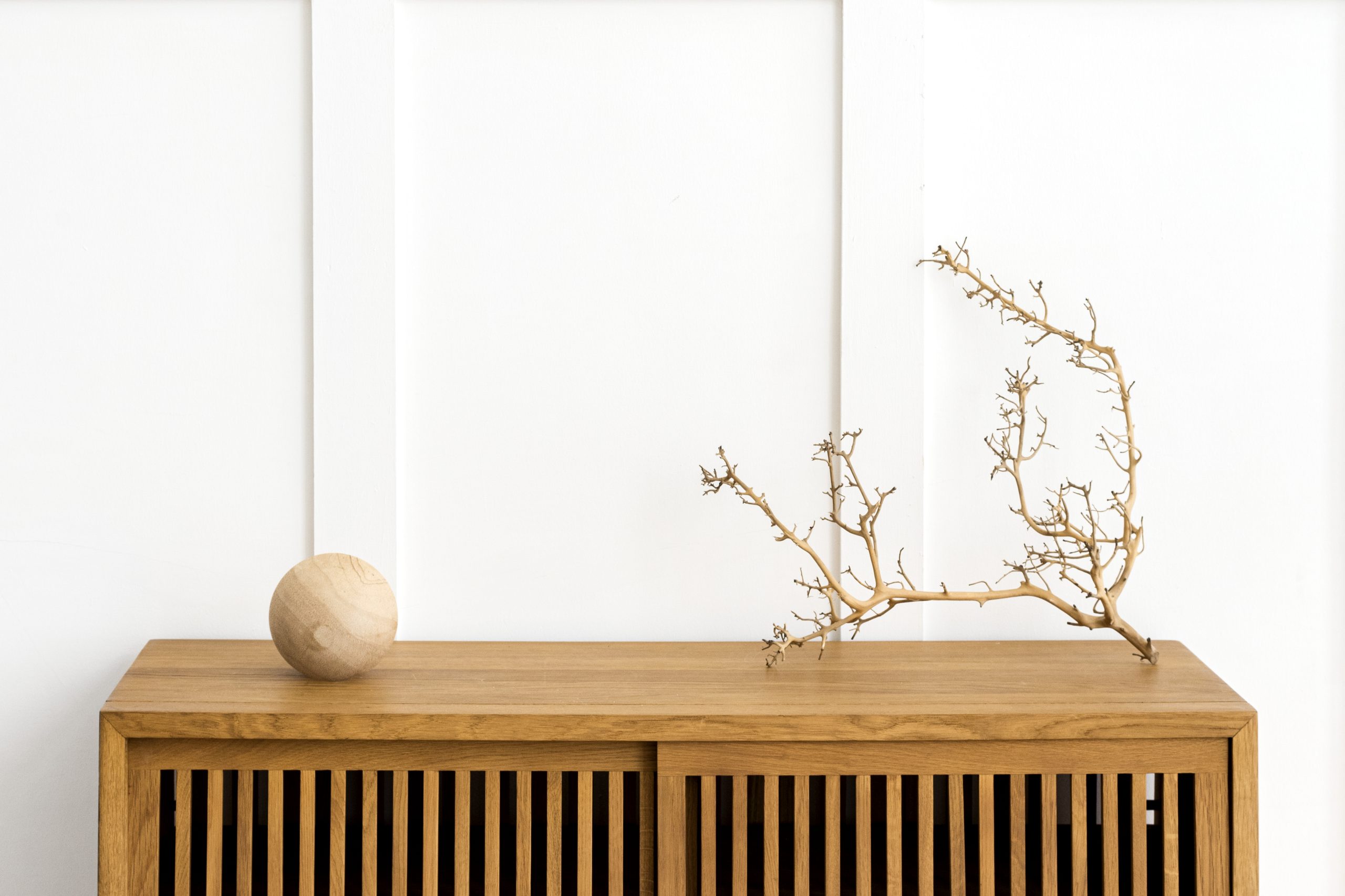 Dry twig on a wooden cabinet in a white room